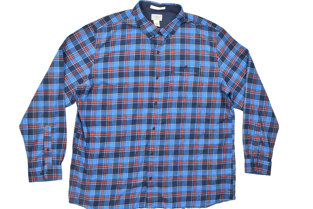 L.L. Bean Slightly Fitted Flannel Shirt Mens XXL Regular Blue Plaid 100% Cotton